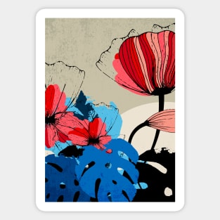 Flowers and Monstera Leaves – Floral illustration in red, blue and black Sticker